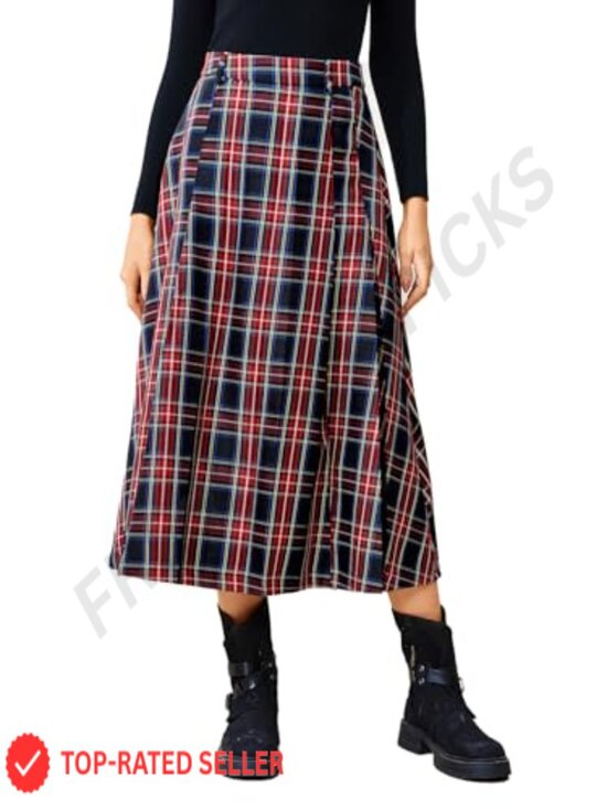 Dresses & Skirts - Womens High Waist A Line Pleated Midi Skirt Plaid Vintage